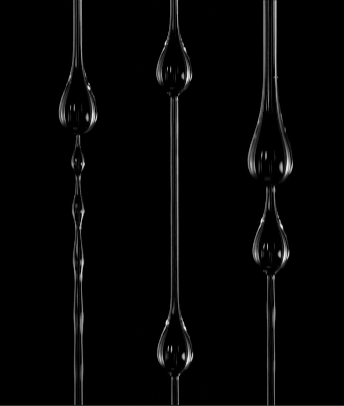Three vertical fibers coated with liquid that has broken into glistening beads, on black.