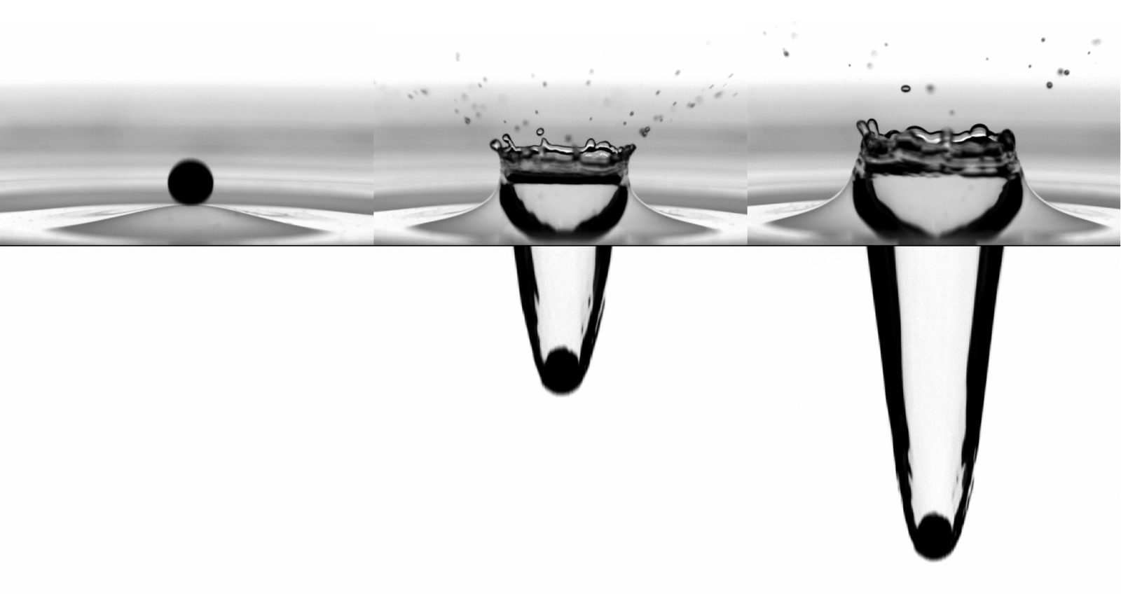 Three snapshots of a small sphere entering a rippled water surface, throwing up a splash and opening a deepening air cavity.